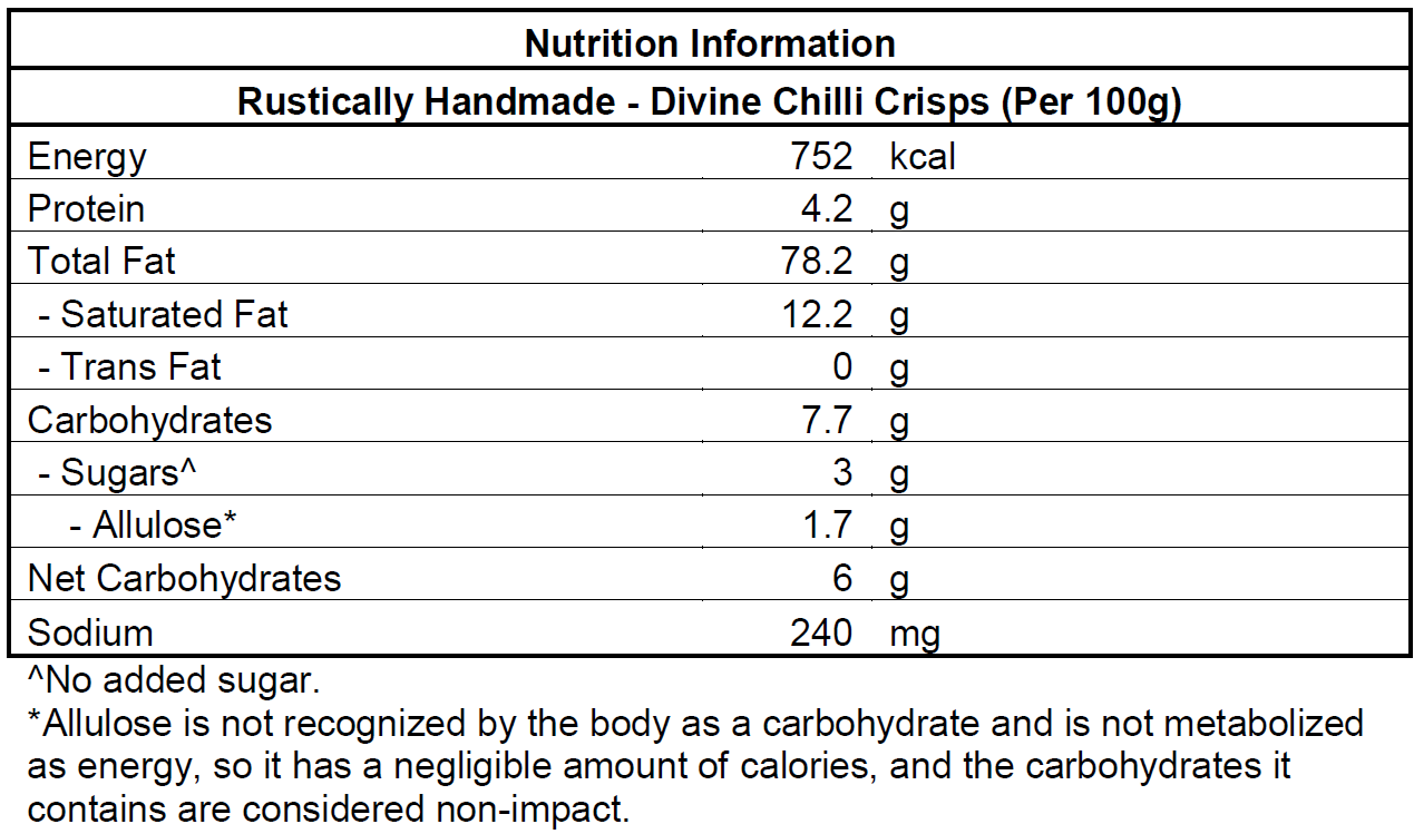 Rustically Handmade Nutrition Label Divine Chilli Crisps